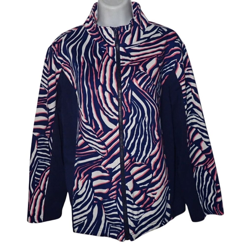 Links Full Zip Jacket Women M Golf Athleisure Multi Color Zebra Print Blue Prepp